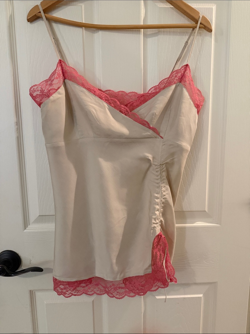 Vintage Y2K Express Ivory Satin Tank with Pink Lace Trim